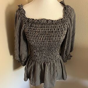 Max Studio Black and White Gingham Smocked Top